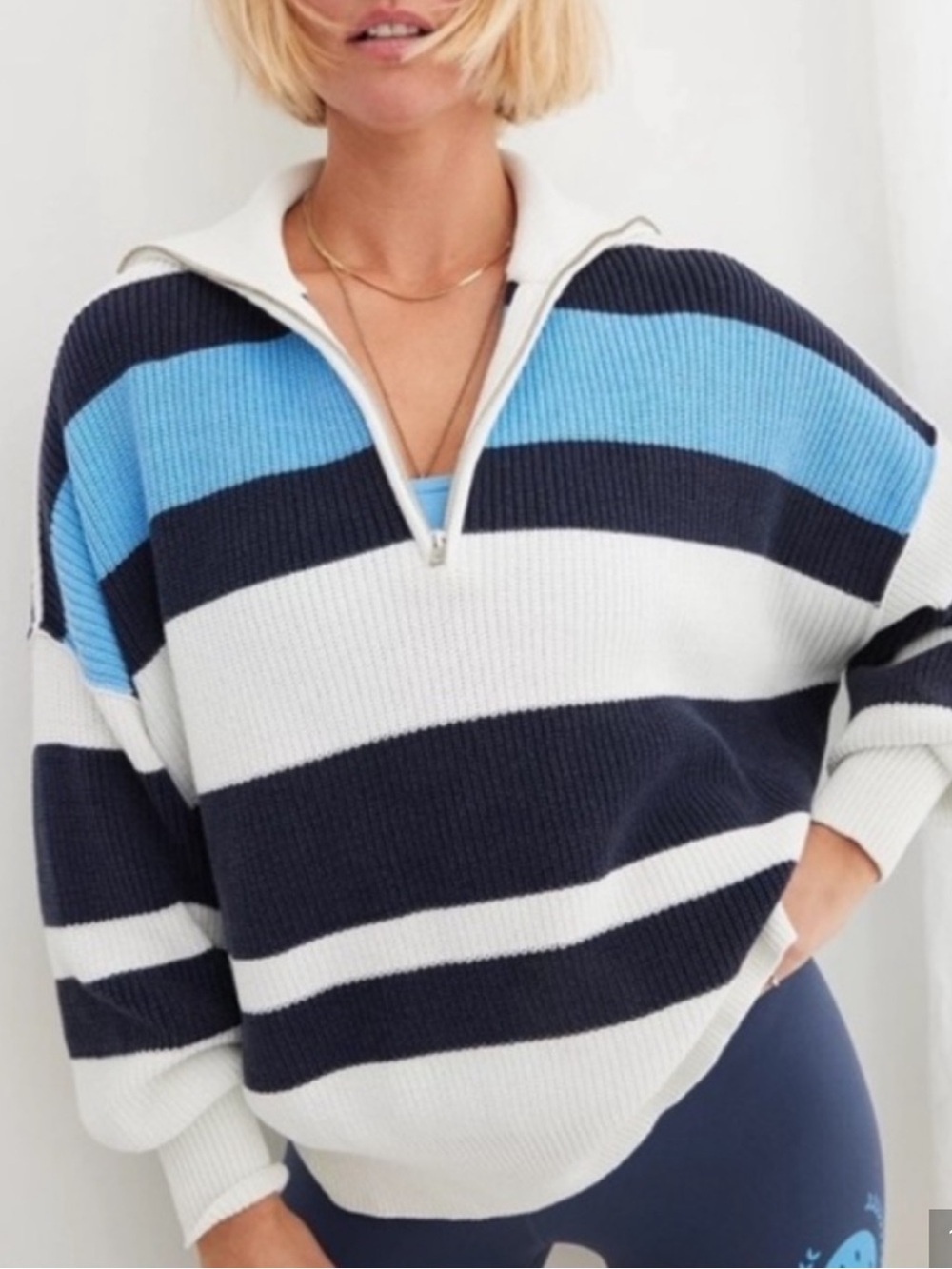 AERIE WOMENS BEYOND QUARTER ZIP SWEATER CHUNKY BLUE STRIPES XXS OVERSIZED